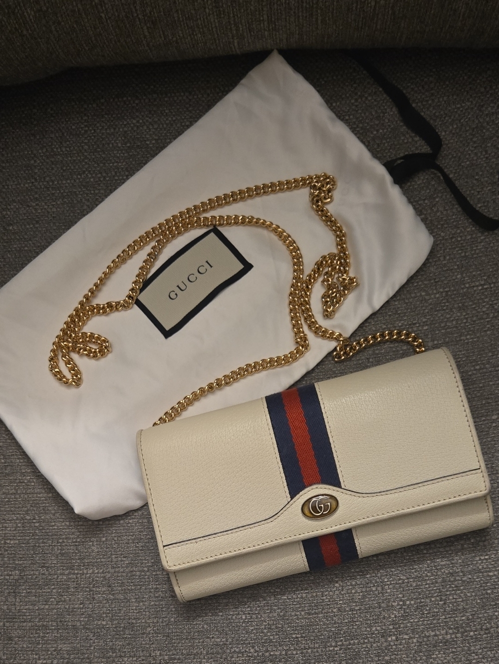 Gucci Cream Leather Chain Wallet with Web Stripe